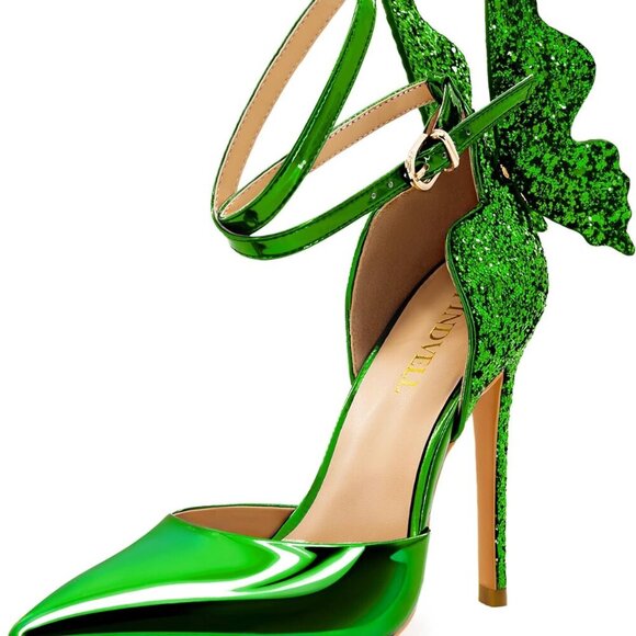 Shoes - Women’s Green Faux Leather High Heels 4.5in Stiletto Butterfly Ankle Strap